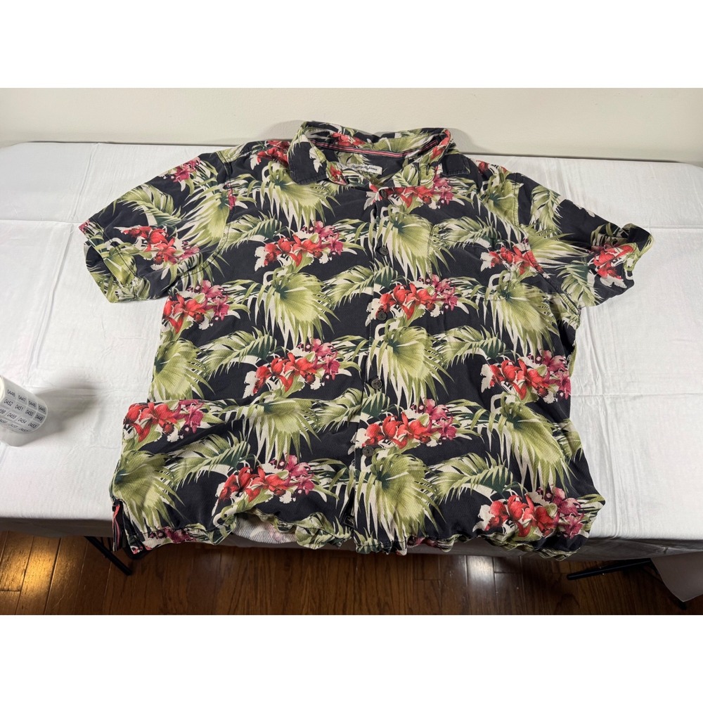 Tommy Bahama Mens XL Tropical Floral Palm Print Button Down Camp Shirt Black